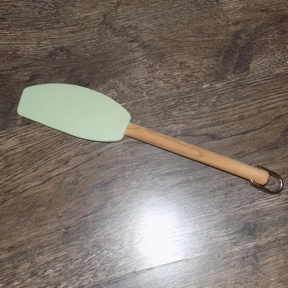 KitchenAid Silicone Spatula Kitchen Tool Green Wood Handle Hanging Loop